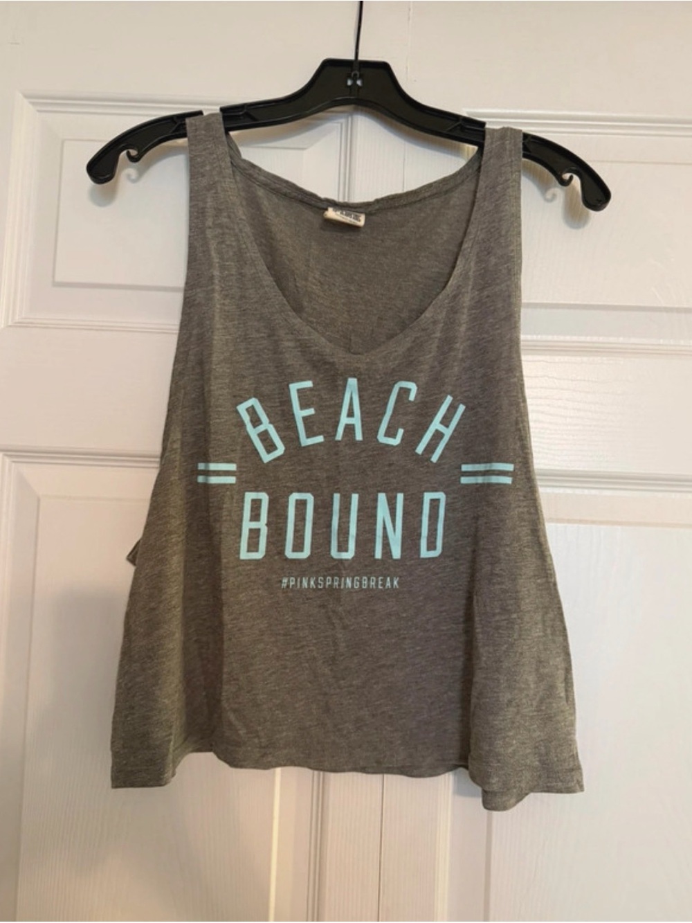PINK Victoria's Secret Gray Tank Top with Light Blue 'Beach Bound' Graphic
